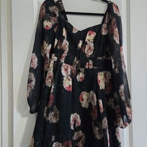Express Floral Long Sleeve Dress - Black and Pink